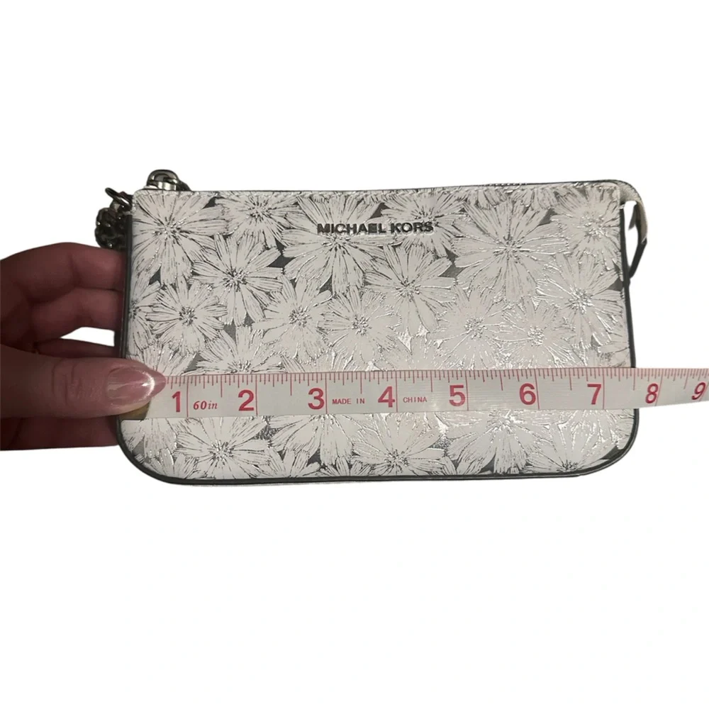 White & Silver Michael Kors Chain Pouchette in Metallic Floral Embossed Leather